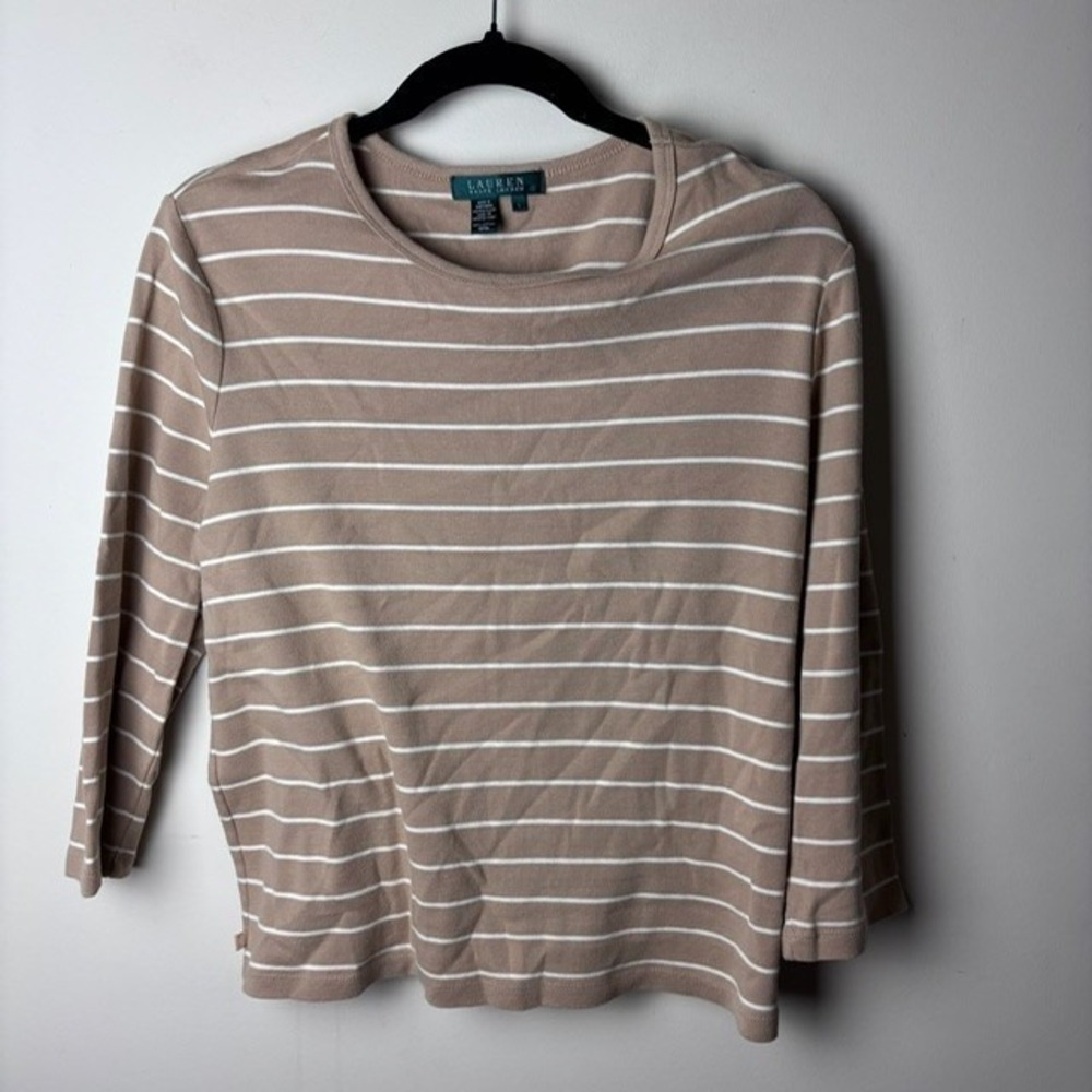 Womens L Lauren Ralph Lauren Knit Top Beige White Striped Crew Neck 3/4 Sleeve